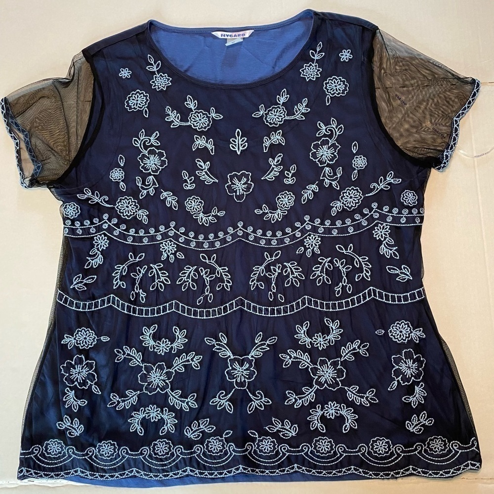 NyGard Womens Size XL Short Sleeve Embroidered Blue Blouse